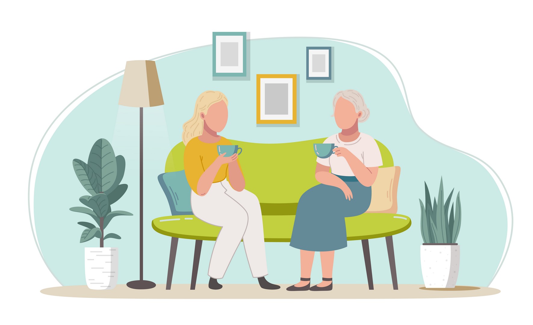 dessin illustrant le maintien à domicile avec deux femmes prenant le thé sur un canapé pour Vienne Autonomie Conseils