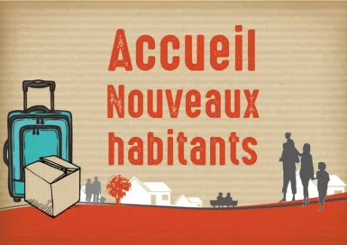 dessin d'une valise et d'un carton sur un fond imitation craft avec texte accueil nouveaux habitants
