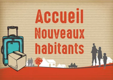 dessin d'une valise et d'un carton sur un fond imitation craft avec texte accueil nouveaux habitants