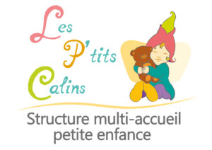 logo de la crèche les petits câlins représenté par le dessin un enfant qui sert un nounours