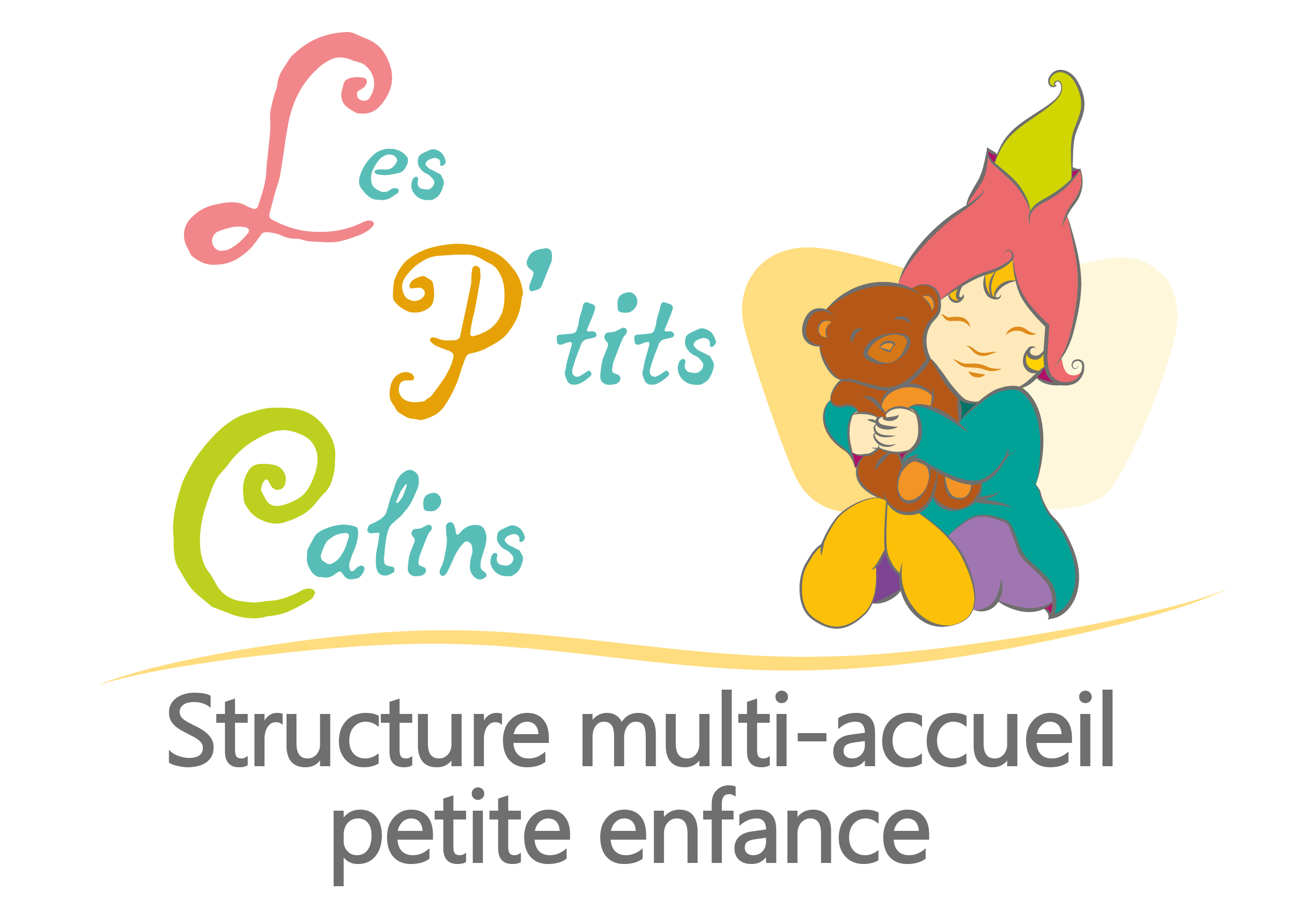 logo de la crèche les petits câlins représenté par le dessin un enfant qui sert un nounours
