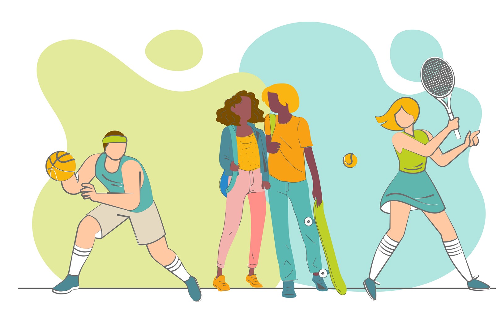 dessin représentant le service jeunesse et sport avec 2 personnages faisant du tennis et du basket, et 2 jeunes discutant