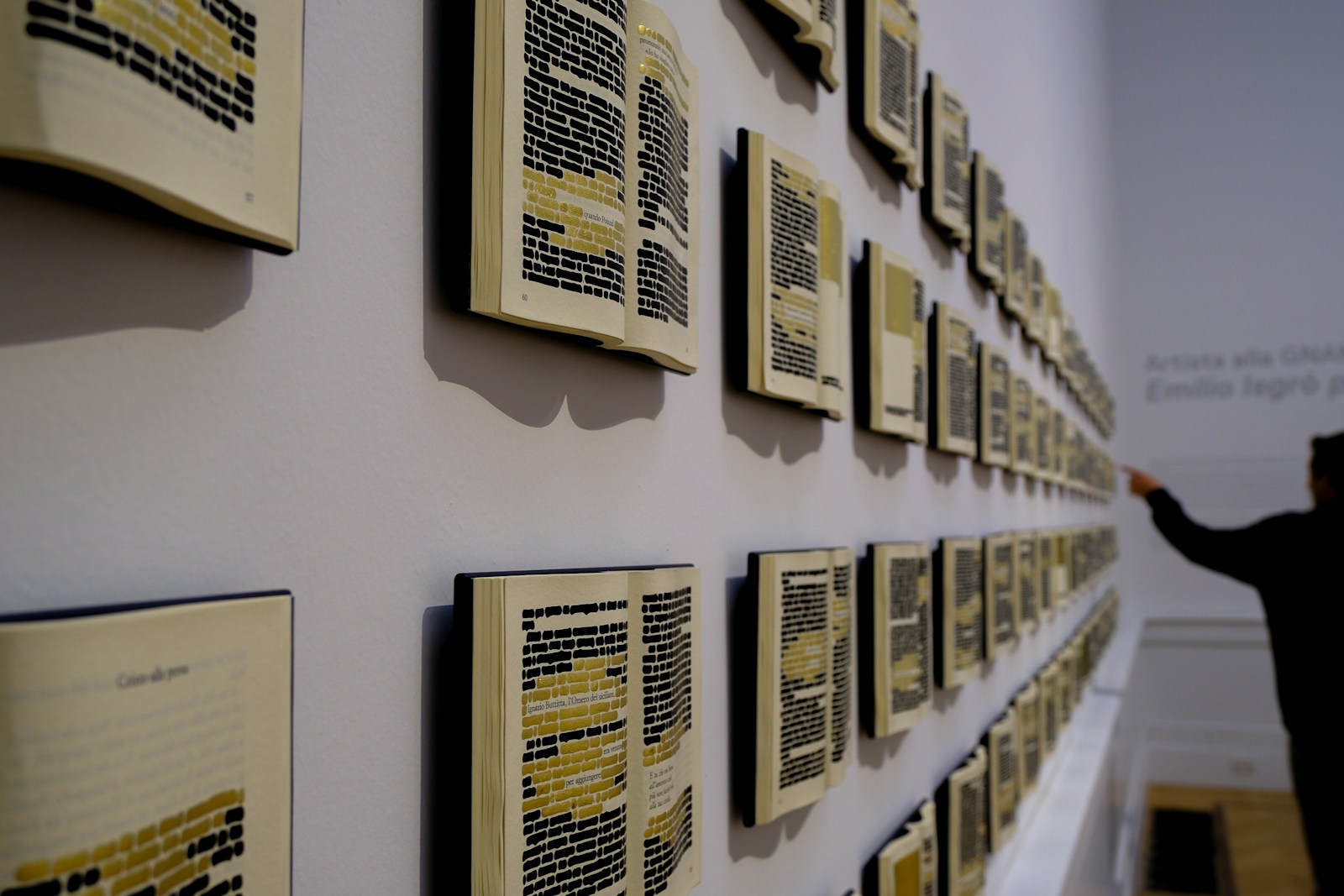 Books mounted on a wall as an art installation.