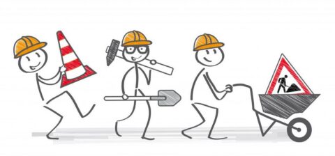 dessin représentant des bonhomme en filaire tenant différents accessoires pour travaux dont un cône, une brouette, une pelle et un triangle de signalisation