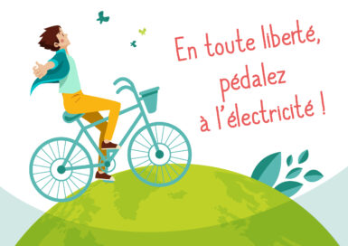 dessin d'un homme sur un vélo ouvrant les bras avec un texte En toute liberté pédalez à l'électricité !