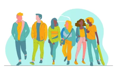 dessin ados représentant des enfants en train de marcher et de discuter - Accueil jeunes