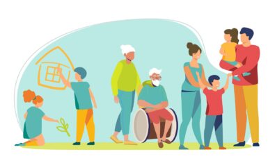 dessin représentant des personnes de tous âges pour illustrer la caisse école et le ccas qui sont des établissements publics communaux