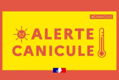 dessin alerte canicule avec un soleil et un thermomètre rouge sur fond jaune