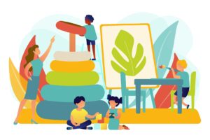 Dessin pour la garderie activités avec des enfants en train de jouer et de dessiner et une adulte qui les encadre