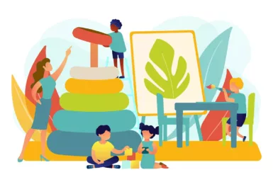 Dessin pour la garderie activités avec des enfants en train de jouer et de dessiner et une adulte qui les encadre - vacances de printemps