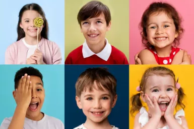 photos de 6 jeunes âgés de 3 à 11 ans sur fond de couleur