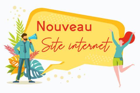 dessin pour représenter l'annonce du nouveau site internet. Une bulle en arrière plan avec deux personnages de chaque côté