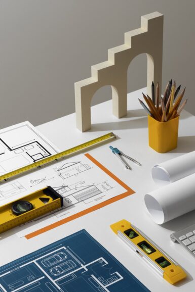 photo représentant la page travaux et projets contenant une table sur laquelle sont posés divers objets de mesure, des plans, une maquette