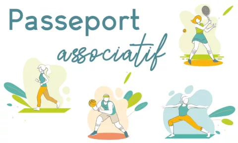 dessin avec 4 personnages faisant du tennis, du basket, de la gymnastique et de la course à pieds - Passeport associatif