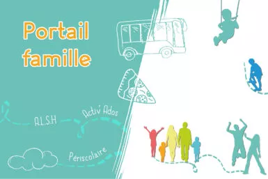 dessin avec des silhouettes de famille d'enfants, d'ados. Dessin au trait d'un bus et d'une part de pizza