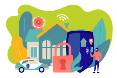 dessin illustrant une maison sécurisée avec une voiture de police devant