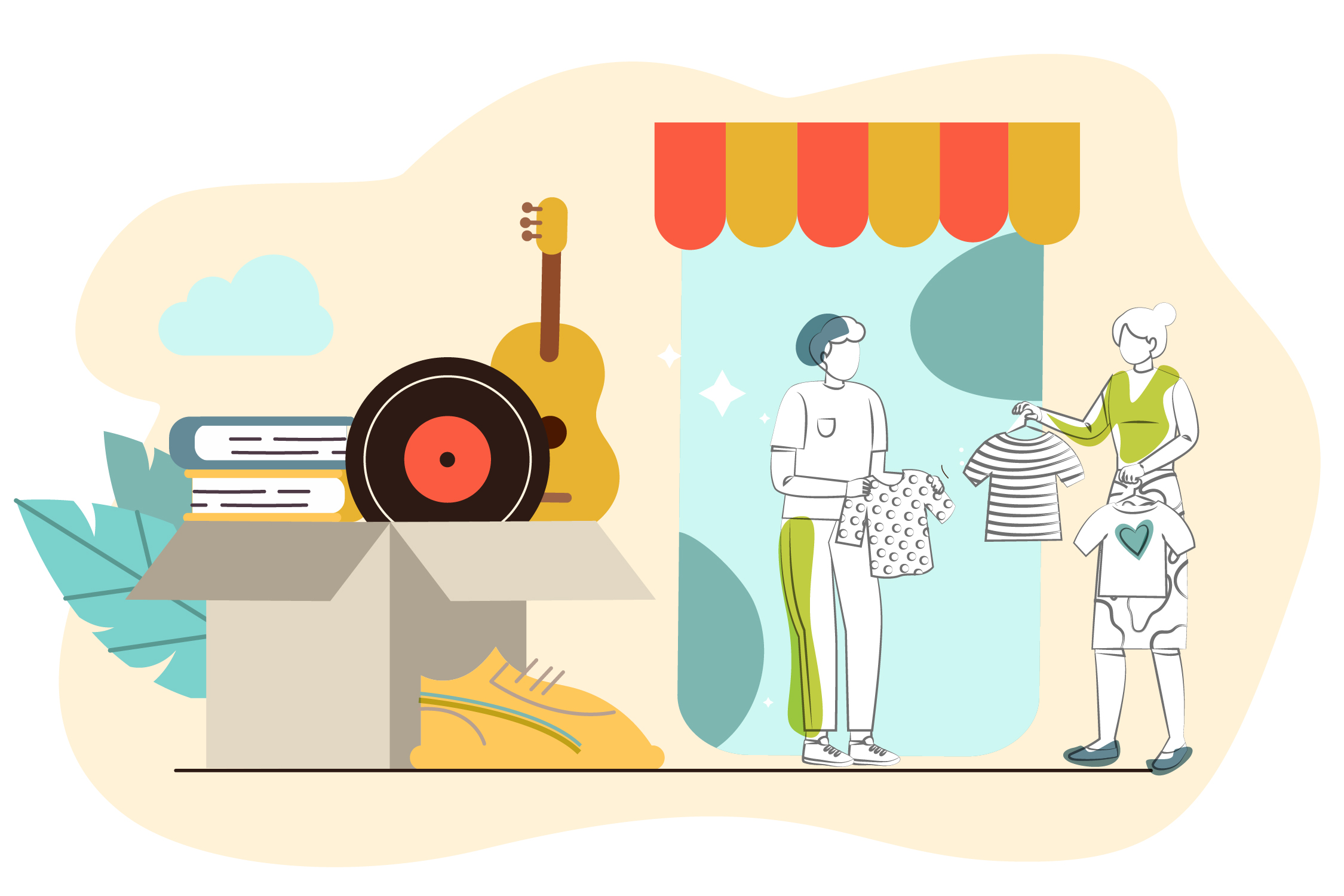 dessin illustrant une vente au déballage avec deux personnages