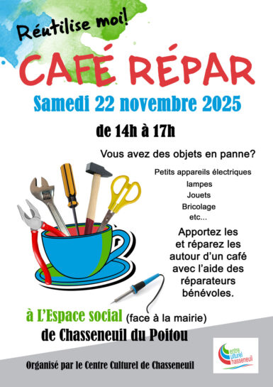 Affiche centre culturel indiquant le prochain café répar du 25 octobre de 14h à 17h30