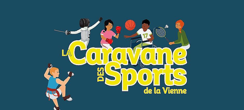vignette représentant la caravane des sports avec des dessins d'enfants sportifs