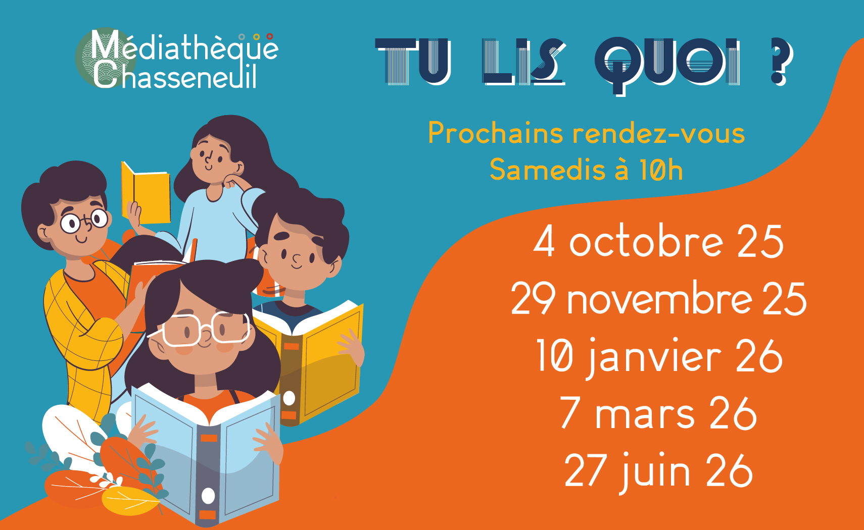 Affiche colorée invitant les enfants de 9 à 12 ans à rejoindre le groupe de lecture 