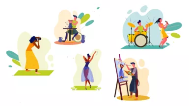 Dessins représentants plusieurs activités telles que la photographie, la sculpture, la musique, la danse, le dessin exercées par les associations culturelles