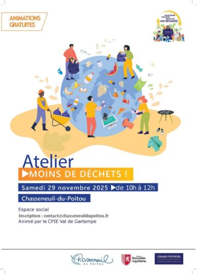 affiche informant de l'atelier moins de déchets du 29 novembre animé par le CPIE Val Gartempe en collaboration avec la Mairie et Grand Poitiers