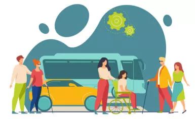 Dessin contenant 6 personnes dont deux aveugles, et une en fauteuil roulant, avec en arrière plan un bus et une voiture pour représenter le Transport et handicaps