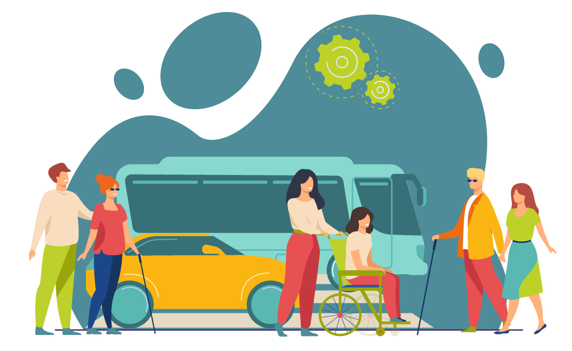 Dessin contenant 6 personnes dont deux aveugles, et une en fauteuil roulant, avec en arrière plan un bus et une voiture pour représenter le Transport et handicaps