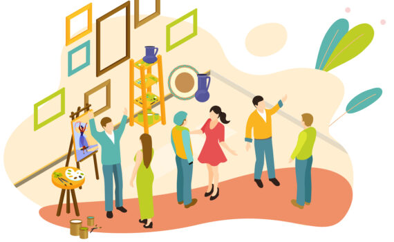 dessin représentant des personnes qui assistent à une exposition