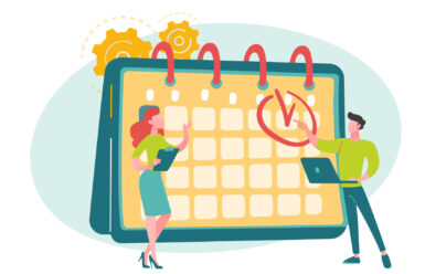 dessin de 2 personnes avec en fond un calendrier représentant la vignette pour la permanence des élus le samedi