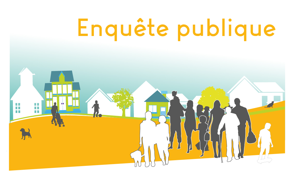 vignette illustrant les enquêtes publiques. Dessin en fond de maisons avec au premier plan un groupe de personnes de différents âges. teintes jaunes et bleues