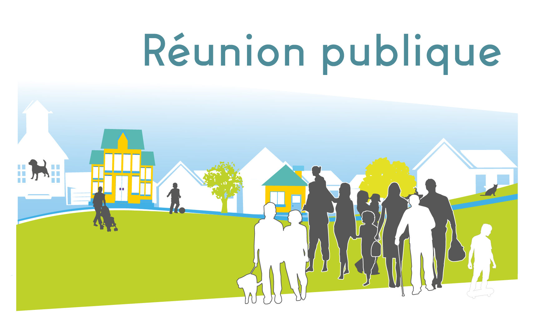 vignette illustrant la réunion publique. Dessin en fond de maisons avec au premier plan un groupe de personnes de différents âges. teintes vertes et bleues