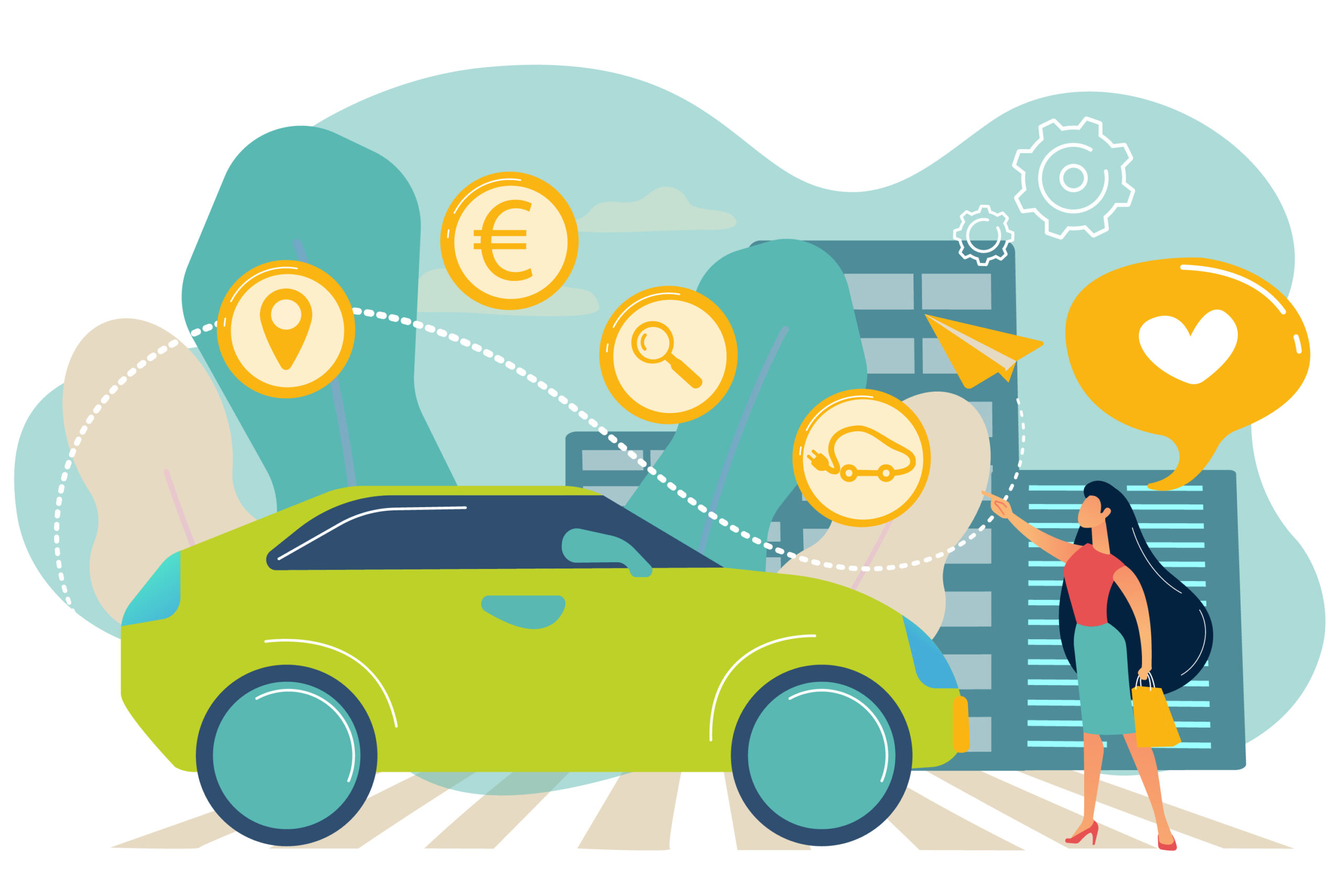 dessin pour réprésenter la vignette de la page dédié au transport en voiture. Une voiture verte est au centre de la vignette avec une femme à droite.