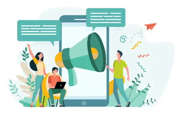 Bloggers advertising referrals. Young people with gadgets and loudspeakers announcing news, attracting target audience. Vector illustration for marketing, promotion, communication concept