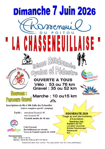Le dimanche 7 juin 2026, la randonnée “La Chasseneuillaise” revient à Chasseneuil du Poitou pour sa 9ᵉ édition. Organisée dans une ambiance conviviale et accessible à tous, cette manifestation sportive propose plusieurs parcours adaptés à tous les niveaux.