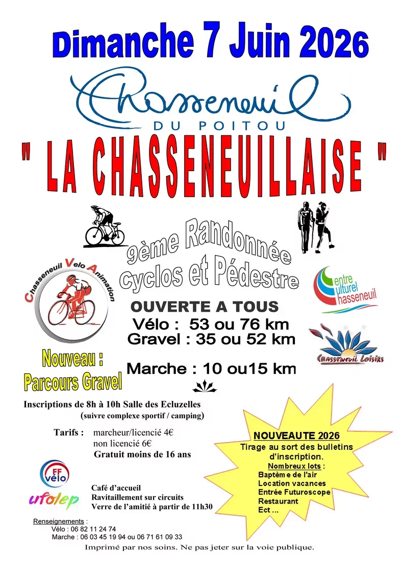 Le dimanche 7 juin 2026, la randonnée “La Chasseneuillaise” revient à Chasseneuil du Poitou pour sa 9ᵉ édition. Organisée dans une ambiance conviviale et accessible à tous, cette manifestation sportive propose plusieurs parcours adaptés à tous les niveaux.